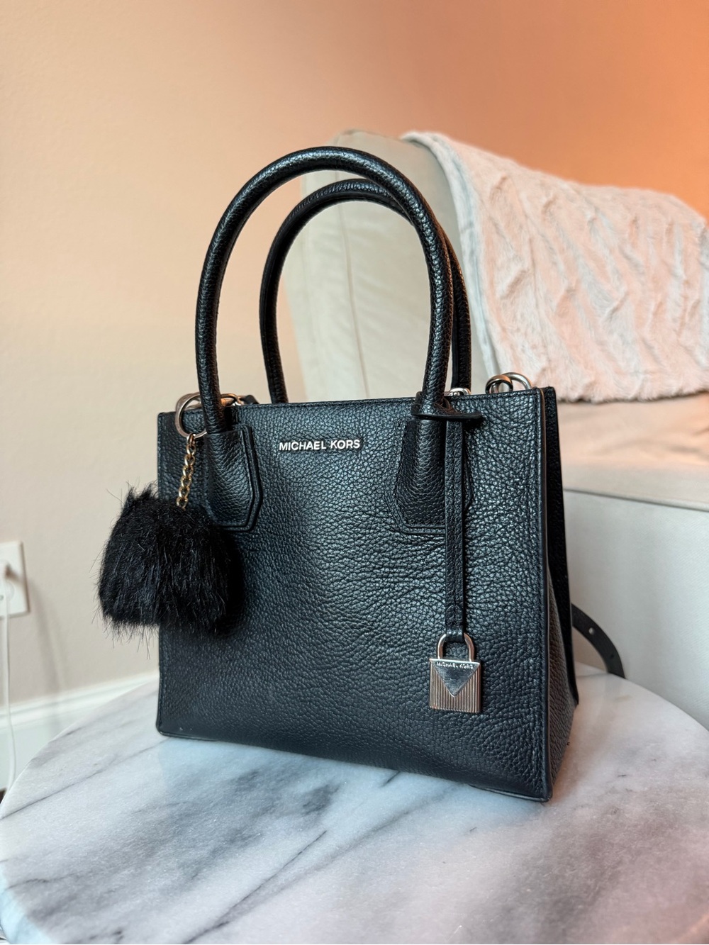 Michael Kors Mercer Medium Black Pebbled Leather Satchel with SHW and Pom Charm